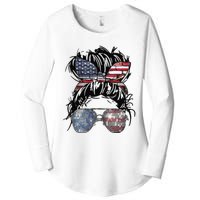 Messy Bun American Flag Glasses 4th of July Patriotic Women's Perfect Tri Tunic Long Sleeve Shirt