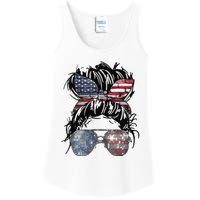 Messy Bun American Flag Glasses 4th of July Patriotic Ladies Essential Tank