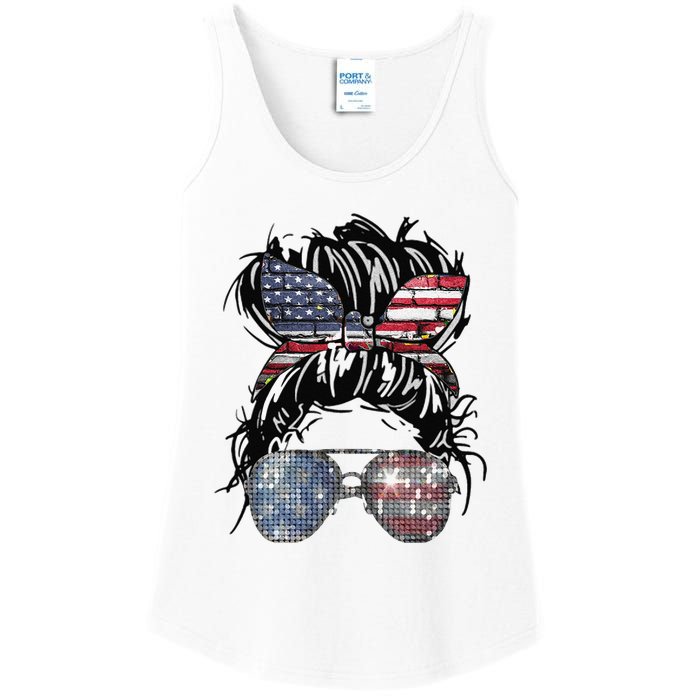 Messy Bun American Flag Glasses 4th of July Patriotic Ladies Essential Tank