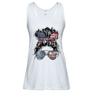 Messy Bun American Flag Glasses 4th of July Patriotic Ladies Essential Flowy Tank