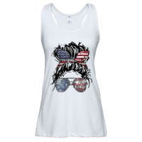 Messy Bun American Flag Glasses 4th of July Patriotic Ladies Essential Flowy Tank