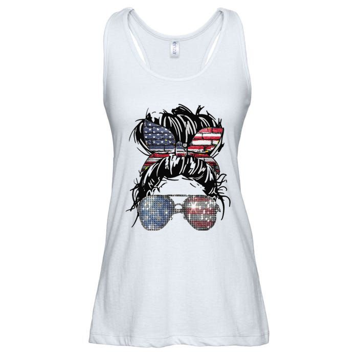 Messy Bun American Flag Glasses 4th of July Patriotic Ladies Essential Flowy Tank