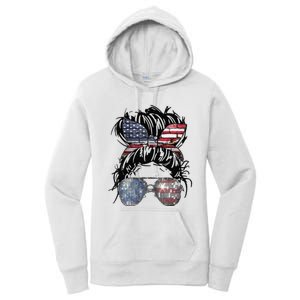 Messy Bun American Flag Glasses 4th of July Patriotic Women's Pullover Hoodie