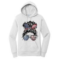 Messy Bun American Flag Glasses 4th of July Patriotic Women's Pullover Hoodie