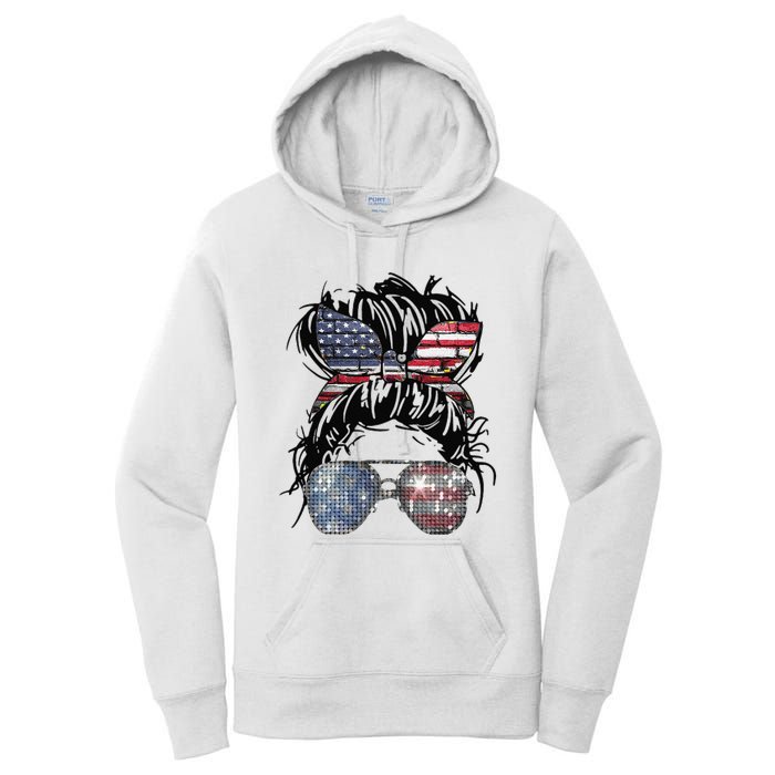 Messy Bun American Flag Glasses 4th of July Patriotic Women's Pullover Hoodie