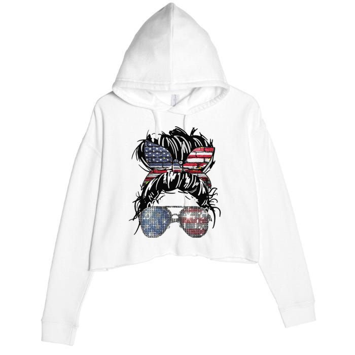 Messy Bun American Flag Glasses 4th of July Patriotic Crop Fleece Hoodie