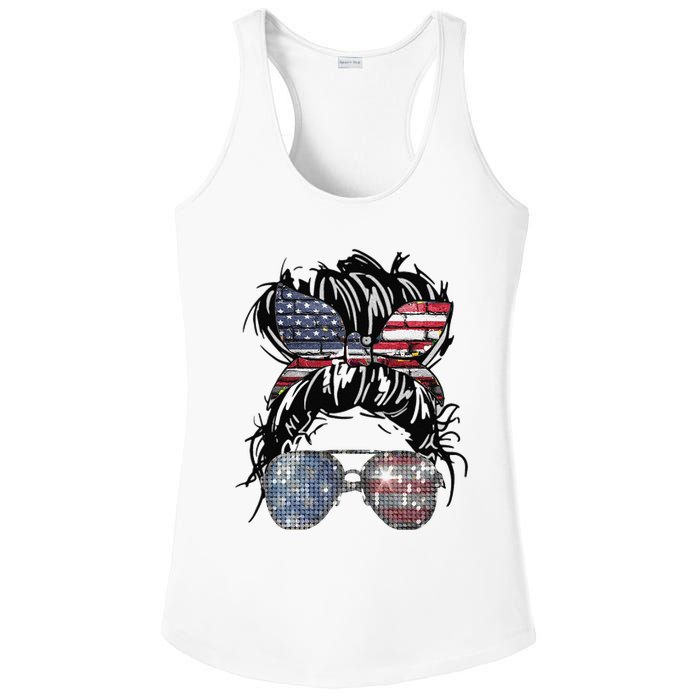 Messy Bun American Flag Glasses 4th of July Patriotic Ladies PosiCharge Competitor Racerback Tank