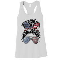 Messy Bun American Flag Glasses 4th of July Patriotic Women's Racerback Tank