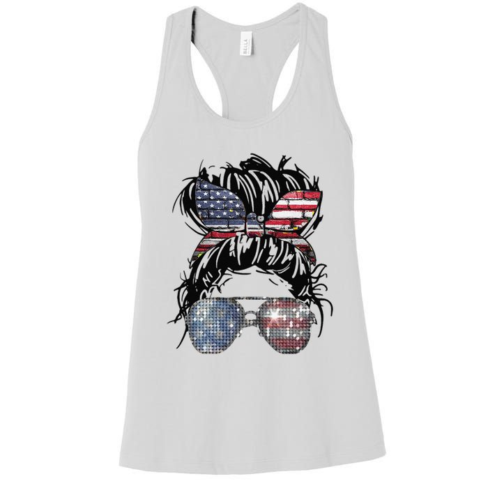 Messy Bun American Flag Glasses 4th of July Patriotic Women's Racerback Tank