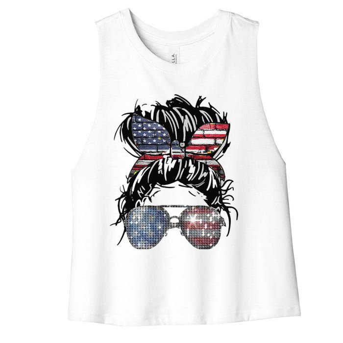 Messy Bun American Flag Glasses 4th of July Patriotic Women's Racerback Cropped Tank