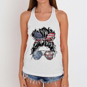 Messy Bun American Flag Glasses 4th of July Patriotic Women's Knotted Racerback Tank