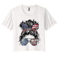 Messy Bun American Flag Glasses 4th of July Patriotic Women's Crop Top Tee