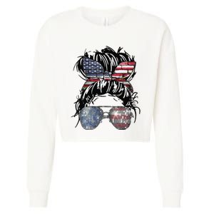 Messy Bun American Flag Glasses 4th of July Patriotic Cropped Pullover Crew