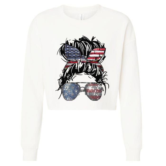 Messy Bun American Flag Glasses 4th of July Patriotic Cropped Pullover Crew