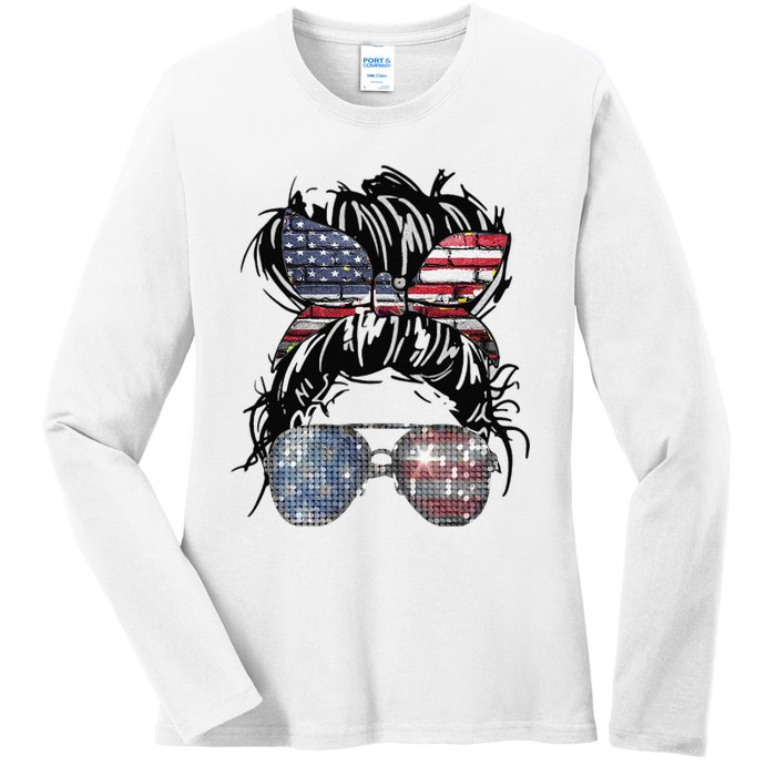 Messy Bun American Flag Glasses 4th of July Patriotic Ladies Long Sleeve Shirt