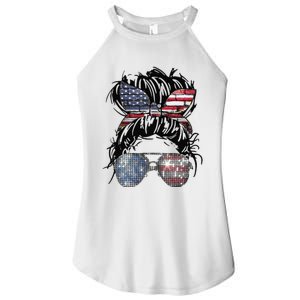 Messy Bun American Flag Glasses 4th of July Patriotic Women's Perfect Tri Rocker Tank