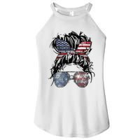 Messy Bun American Flag Glasses 4th of July Patriotic Women's Perfect Tri Rocker Tank