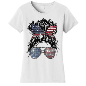 Messy Bun American Flag Glasses 4th of July Patriotic Women's T-Shirt