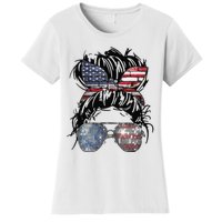 Messy Bun American Flag Glasses 4th of July Patriotic Women's T-Shirt