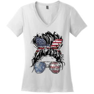 Messy Bun American Flag Glasses 4th of July Patriotic Women's V-Neck T-Shirt