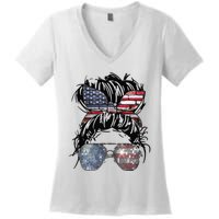 Messy Bun American Flag Glasses 4th of July Patriotic Women's V-Neck T-Shirt