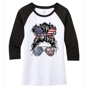 Messy Bun American Flag Glasses 4th of July Patriotic Women's Tri-Blend 3/4-Sleeve Raglan Shirt