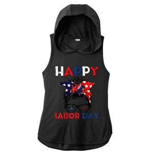 Messy Bun American Flag Labor Day Usa Meaningful Gift Ladies PosiCharge Tri-Blend Wicking Draft Hoodie Tank