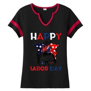 Messy Bun American Flag Labor Day Usa Meaningful Gift Ladies Halftime Notch Neck Tee