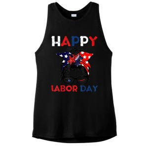 Messy Bun American Flag Labor Day Usa Meaningful Gift Ladies PosiCharge Tri-Blend Wicking Tank