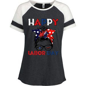 Messy Bun American Flag Labor Day Usa Meaningful Gift Enza Ladies Jersey Colorblock Tee