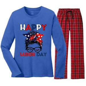 Messy Bun American Flag Labor Day Usa Meaningful Gift Women's Long Sleeve Flannel Pajama Set 