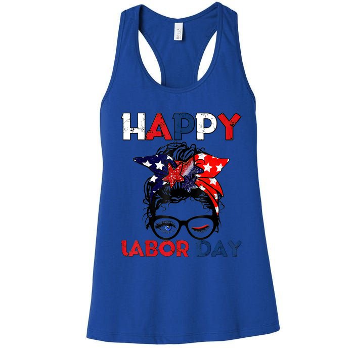 Messy Bun American Flag Labor Day Usa Meaningful Gift Women's Racerback Tank