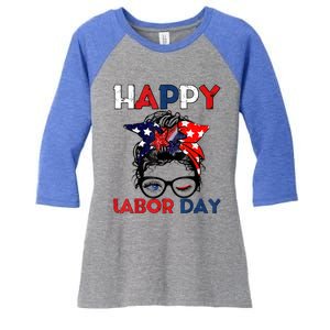 Messy Bun American Flag Labor Day Usa Meaningful Gift Women's Tri-Blend 3/4-Sleeve Raglan Shirt