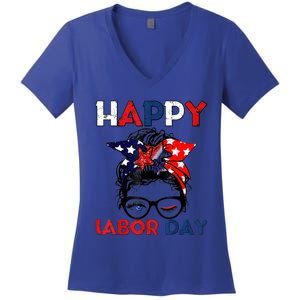 Messy Bun American Flag Labor Day Usa Meaningful Gift Women's V-Neck T-Shirt