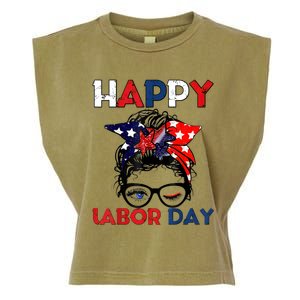 Messy Bun American Flag Labor Day Usa Meaningful Gift Garment-Dyed Women's Muscle Tee