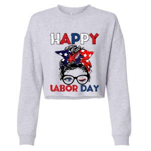 Messy Bun American Flag Labor Day Usa Meaningful Gift Cropped Pullover Crew