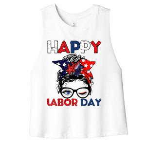 Messy Bun American Flag Labor Day Usa Meaningful Gift Women's Racerback Cropped Tank