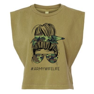 Messy Bun Army Wife Life Camo Print Sunglasses Mothers Day Garment-Dyed Women's Muscle Tee