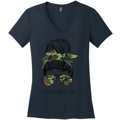 Messy Bun Army Wife Life Camo Print Sunglasses Mothers Day Women's V-Neck T-Shirt