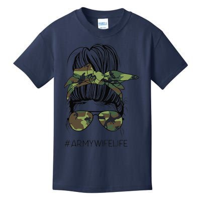 Messy Bun Army Wife Life Camo Print Sunglasses Mothers Day Kids T-Shirt