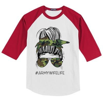 Messy Bun Army Wife Life Camo Print Sunglasses Mothers Day Kids Colorblock Raglan Jersey