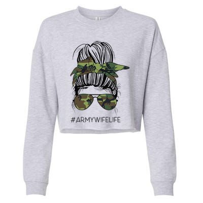 Messy Bun Army Wife Life Camo Print Sunglasses Mothers Day Cropped Pullover Crew