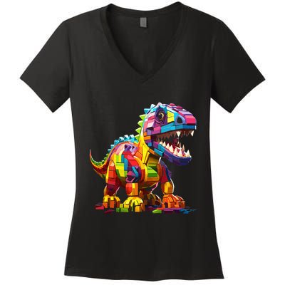 Master Builder Bricks Blocks Play Toys Dinosaur Women's V-Neck T-Shirt