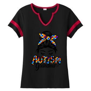 Messy Bun Bandana Grandma Support Autism Awareness Gift Ladies Halftime Notch Neck Tee