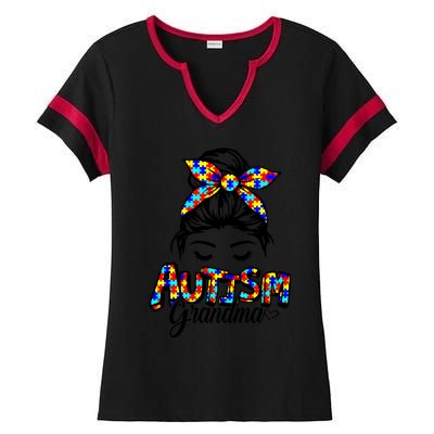 Messy Bun Bandana Grandma Support Autism Awareness Gift Ladies Halftime Notch Neck Tee