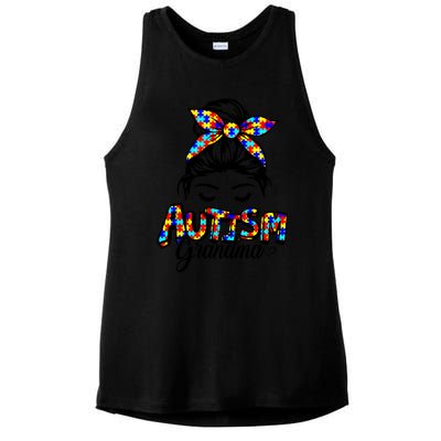 Messy Bun Bandana Grandma Support Autism Awareness Gift Ladies PosiCharge Tri-Blend Wicking Tank