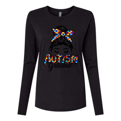 Messy Bun Bandana Grandma Support Autism Awareness Gift Womens Cotton Relaxed Long Sleeve T-Shirt