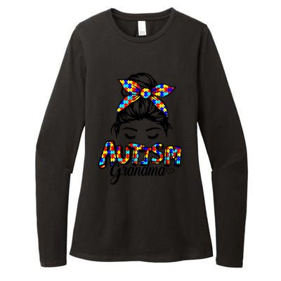 Messy Bun Bandana Grandma Support Autism Awareness Gift Womens CVC Long Sleeve Shirt