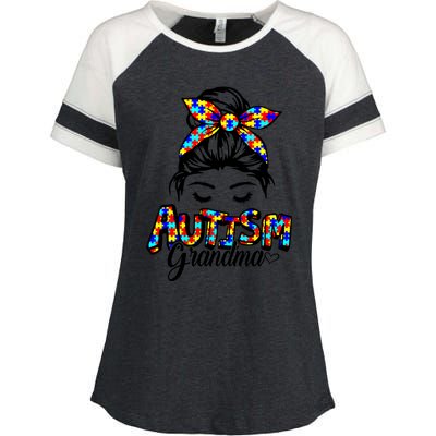 Messy Bun Bandana Grandma Support Autism Awareness Gift Enza Ladies Jersey Colorblock Tee