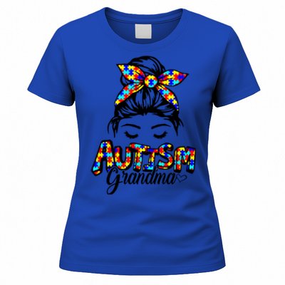 Messy Bun Bandana Grandma Support Autism Awareness Gift Women's T-Shirt